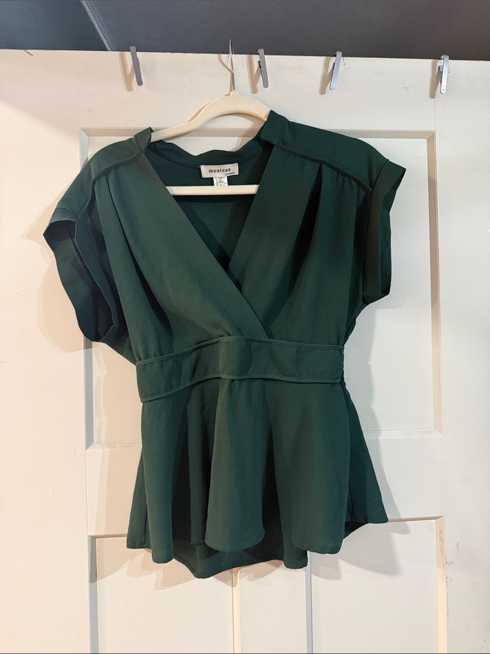 Monteau Deep Green V-Neck Wrap Peplum Blouse